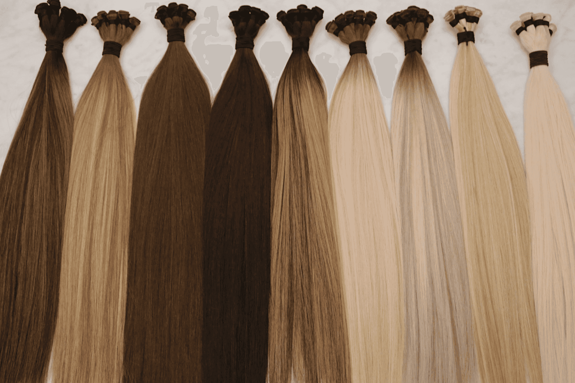 Hair extensions in various shades from dark brown to blonde arranged on a marble surface.